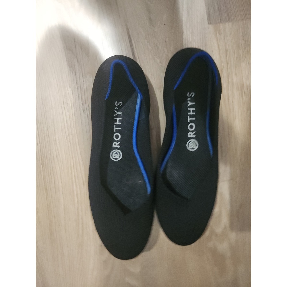 Rothy's The Point Black Knit Pointed Toe Ballet Flats Blue Halo Trim Womens 8